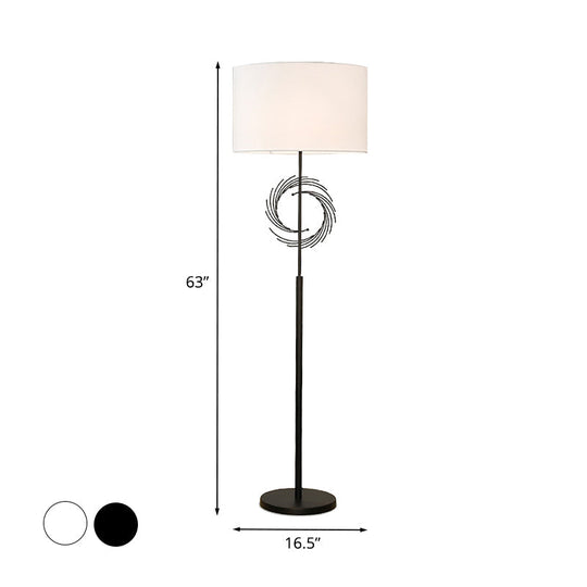 Sleek White/Black Circle Floor Light: Simplicity 1 Bulb Metal Standing Lamp With Fabric Drum Shade
