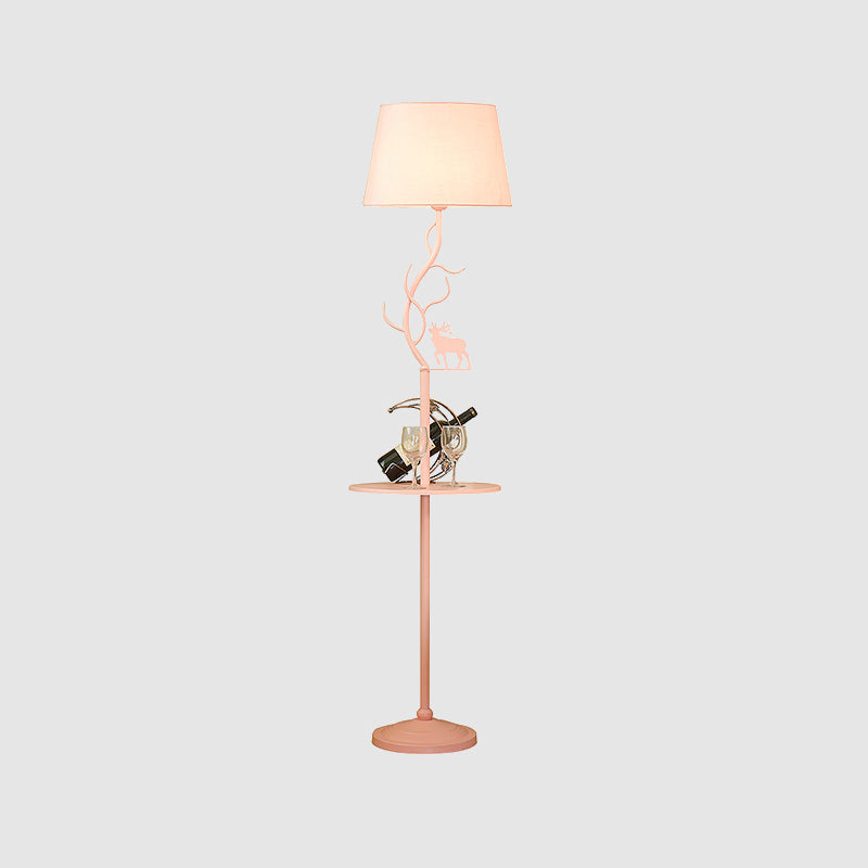 Macaron Pink Deer Floor Lamp With Metallic Cone Design & Shelf - 1-Bulb Standing Light