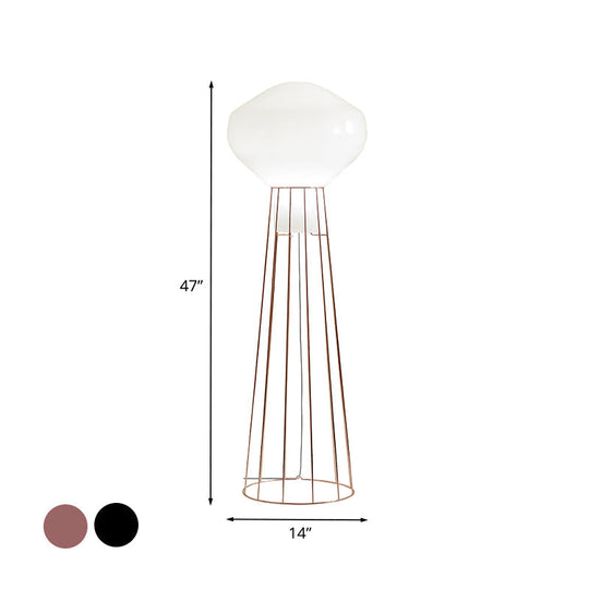 Sleek Black/Rose Gold Geometric Floor Lamp With Dome Cage - Minimalistic Metal Stand Up Light For