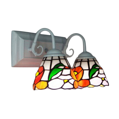 Orange Stained Glass Peony Wall Mount Tiffany Sconce Light With Curved Arm - 2 Heads