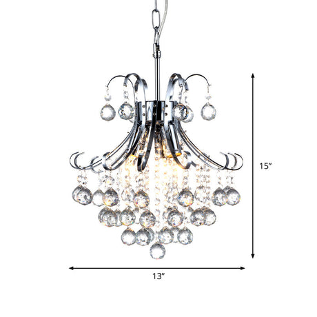 Modern Curvy Arm Chrome Chandelier Light With Crystal Accents - 3-Lights Ceiling Fixture For Dining