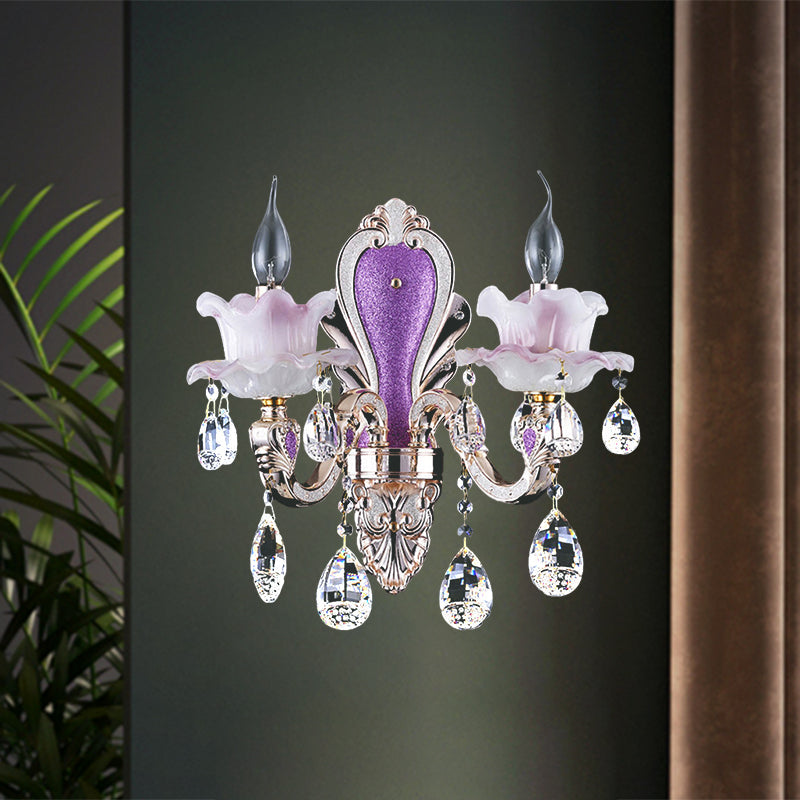 Modern Purple Candelabra Wall Mount Light With Crystal Drop - 1/2 Lights Jade Sconce Fixture 2 /