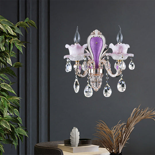 Modern Purple Candelabra Wall Mount Light With Crystal Drop - 1/2 Lights Jade Sconce Fixture