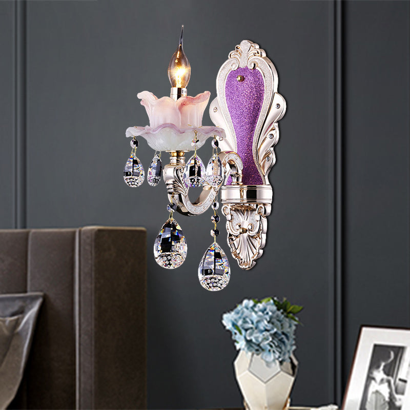 Modern Purple Candelabra Wall Mount Light With Crystal Drop - 1/2 Lights Jade Sconce Fixture 1 /