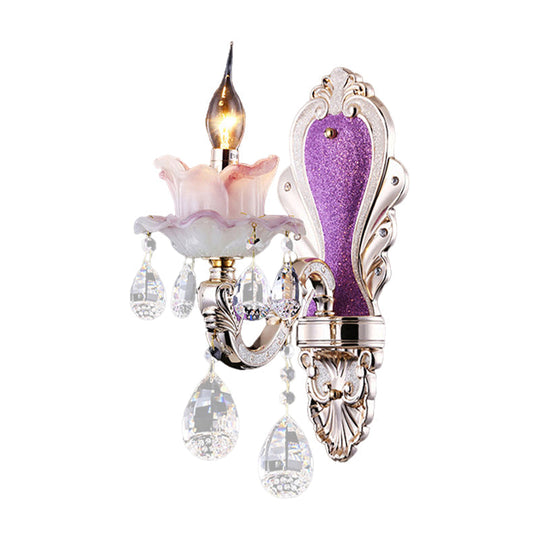 Modern Purple Candelabra Wall Mount Light With Crystal Drop - 1/2 Lights Jade Sconce Fixture