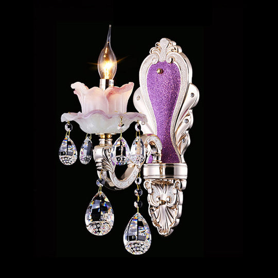 Modern Purple Candelabra Wall Mount Light With Crystal Drop - 1/2 Lights Jade Sconce Fixture
