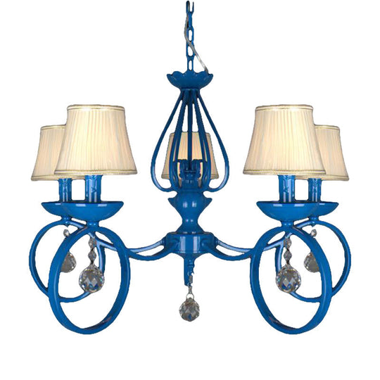 Blue Fabric Cone Pendant Lamp: Classic Chandelier Light Fixture With Crystal Draping Ideal For