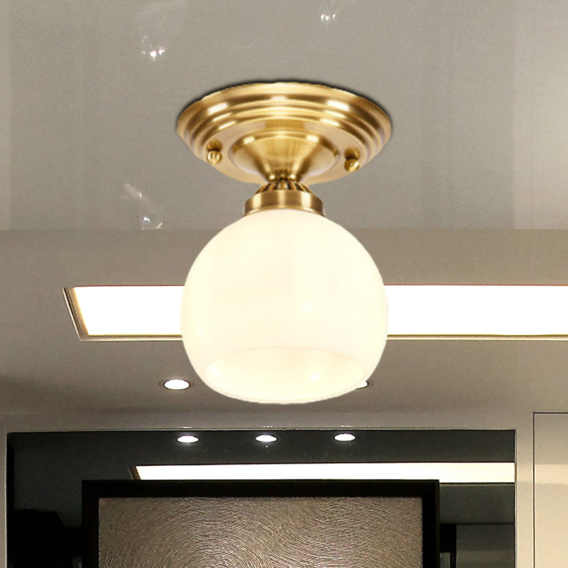 Classic 1-Light Glass Flush Mount Lamp In Brass - Globe/Cone Design For Corridor Ceiling Lighting
