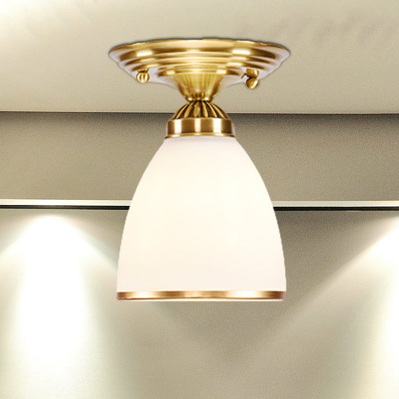 Classic 1-Light Glass Flush Mount Lamp In Brass - Globe/Cone Design For Corridor Ceiling Lighting