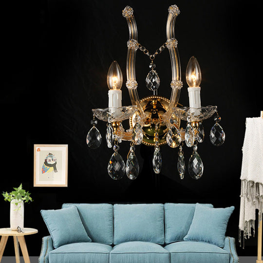 Contemporary Amber Glass Wall Light With Crystal Deco - Gold Finish 2 Lights