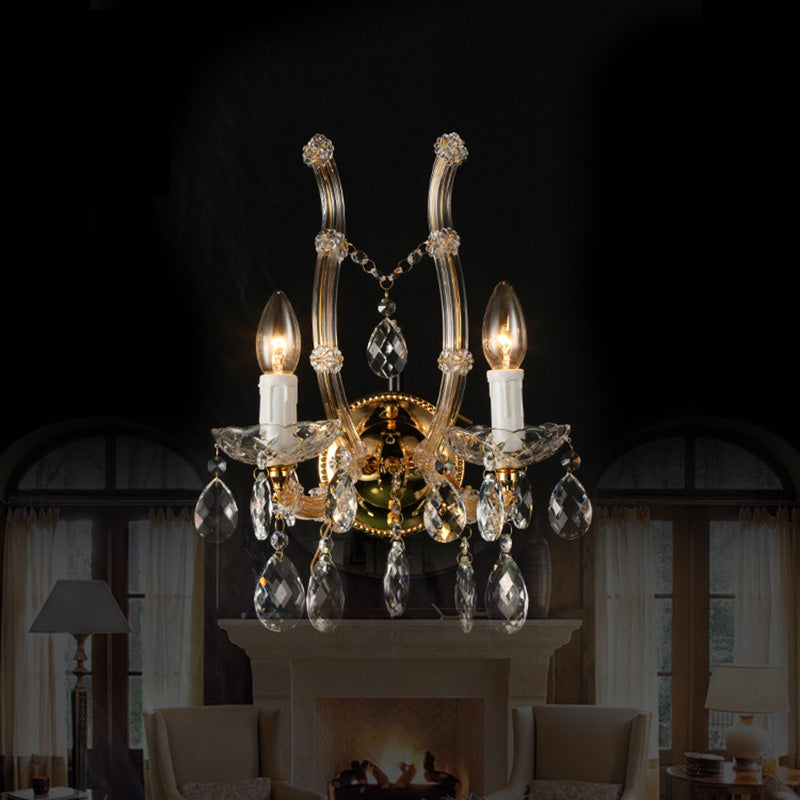 Contemporary Amber Glass Wall Light With Crystal Deco - Gold Finish 2 Lights