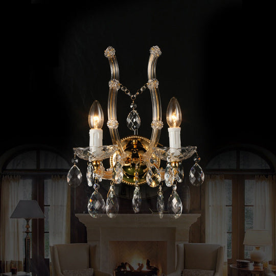 Contemporary Amber Glass Wall Light With Crystal Deco - Gold Finish 2 Lights