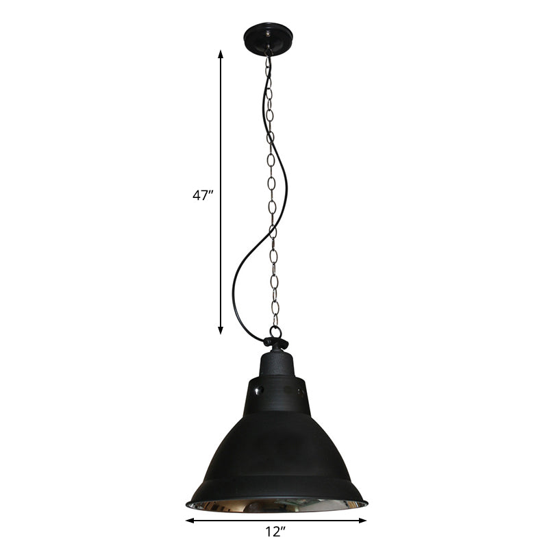 Farmhouse Black Metal Dome Pendant Light With Chain - 12’ W