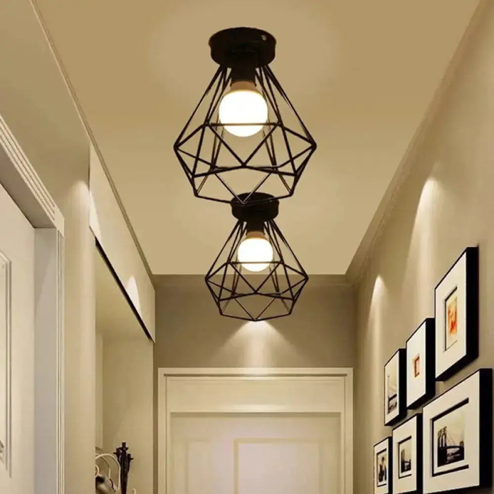Diamond Iron Vintage 1-Light Balcony Ceiling Flush Light In Black - Semi Mount Lighting
