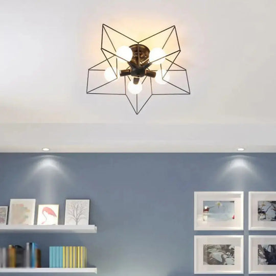 Iron Geometric Cage Flush Mount Lighting - Nordic Style 5-Head Fixture Black Ideal For Corridors / B