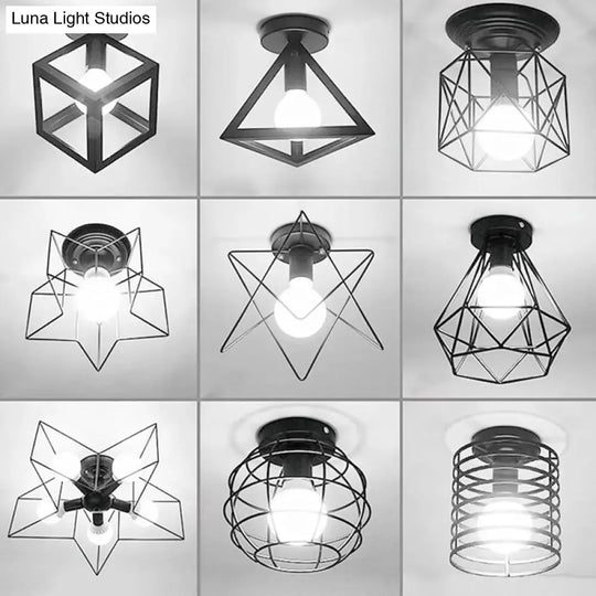 Iron Geometric Cage Flush Mount Lighting - Nordic Style 5-Head Fixture Black Ideal For Corridors