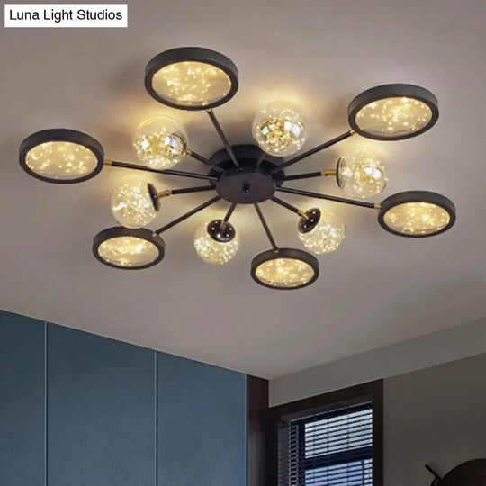 Modern Black Flush Mount With Amber Glass And Glowing String Inside