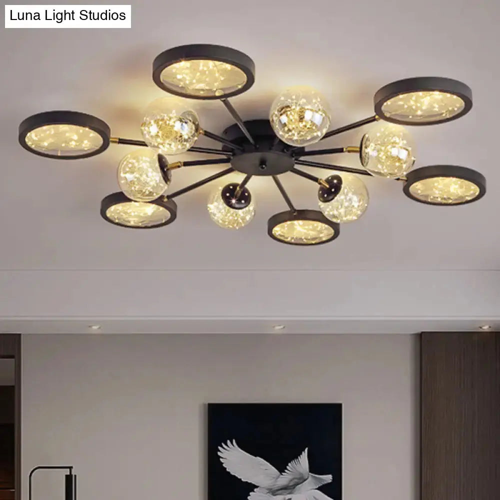 Modern Black Flush Mount With Amber Glass And Glowing String Inside