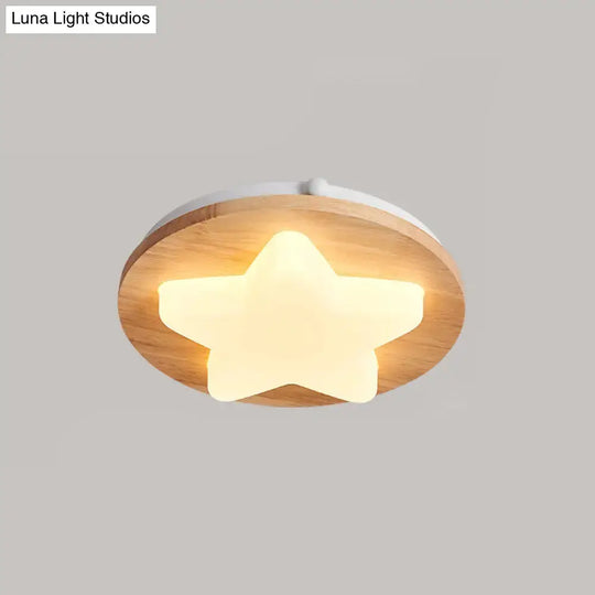 Modern Geometric Wooden Led Bedroom Flush Ceiling Light With Beige Acrylic Shade