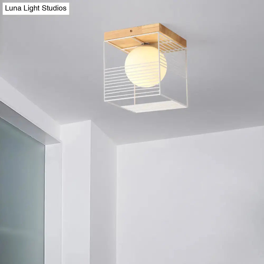 Modern Geometric Wooden Led Bedroom Flush Ceiling Light With Beige Acrylic Shade