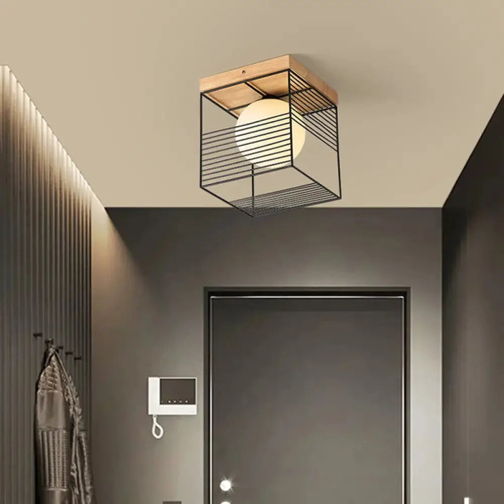 Modern Geometric Wooden Led Bedroom Flush Ceiling Light With Beige Acrylic Shade Wood / White C