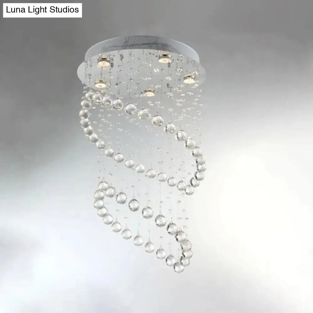 Modern Nickel Circle Flush Mount Lighting With 5 Crystal Sphere Heads - Ideal For Living Room