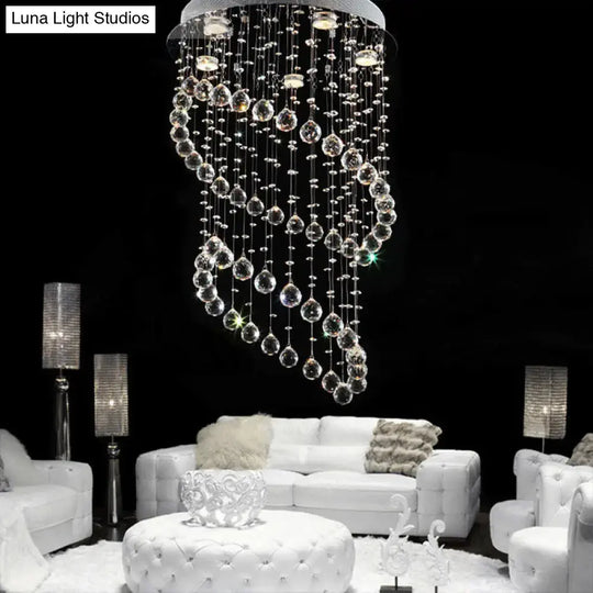 Modern Nickel Circle Flush Mount Lighting With 5 Crystal Sphere Heads - Ideal For Living Room