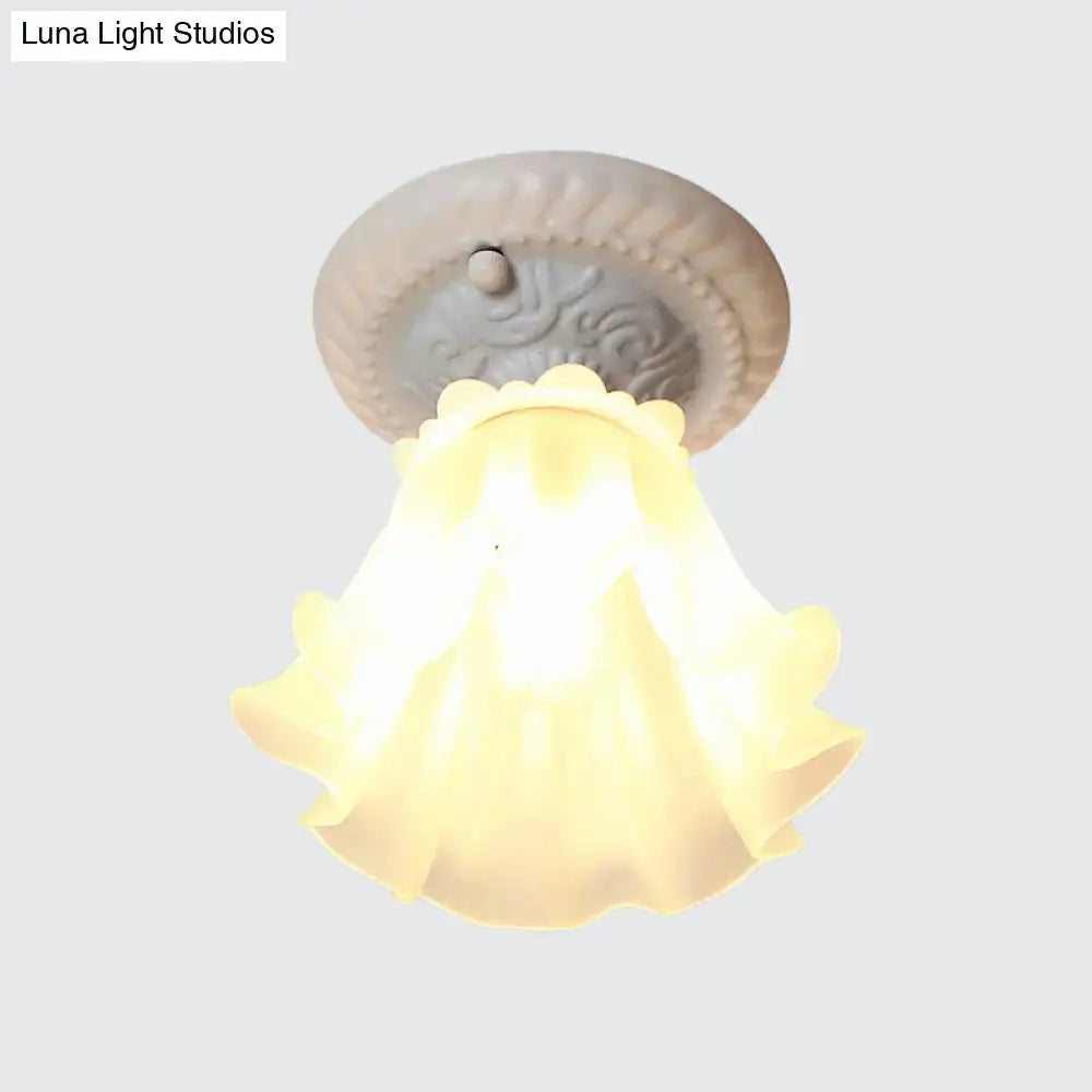 Pastoral Style Floral Flush Ceiling Light - White/Green/Pink Frosted Glass Single Bulb Mounted Lamp