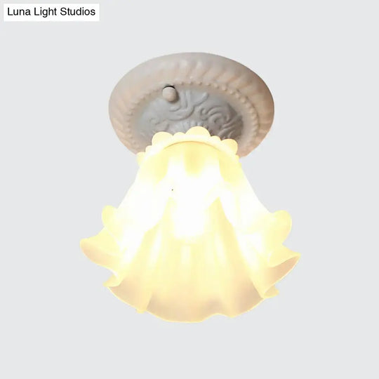Pastoral Style Floral Flush Ceiling Light - White/Green/Pink Frosted Glass Single Bulb Mounted Lamp