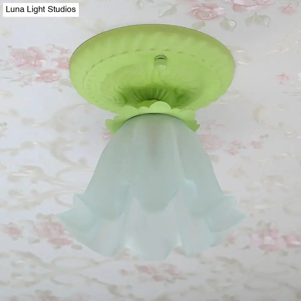 Pastoral Style Floral Flush Ceiling Light - White/Green/Pink Frosted Glass Single Bulb Mounted Lamp
