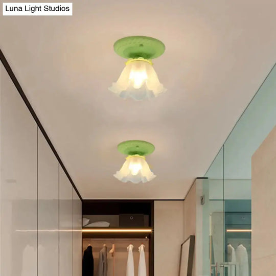 Pastoral Style Floral Flush Ceiling Light - White/Green/Pink Frosted Glass Single Bulb Mounted Lamp