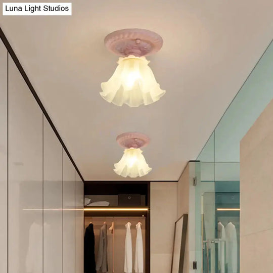 Pastoral Style Floral Flush Ceiling Light - White/Green/Pink Frosted Glass Single Bulb Mounted Lamp