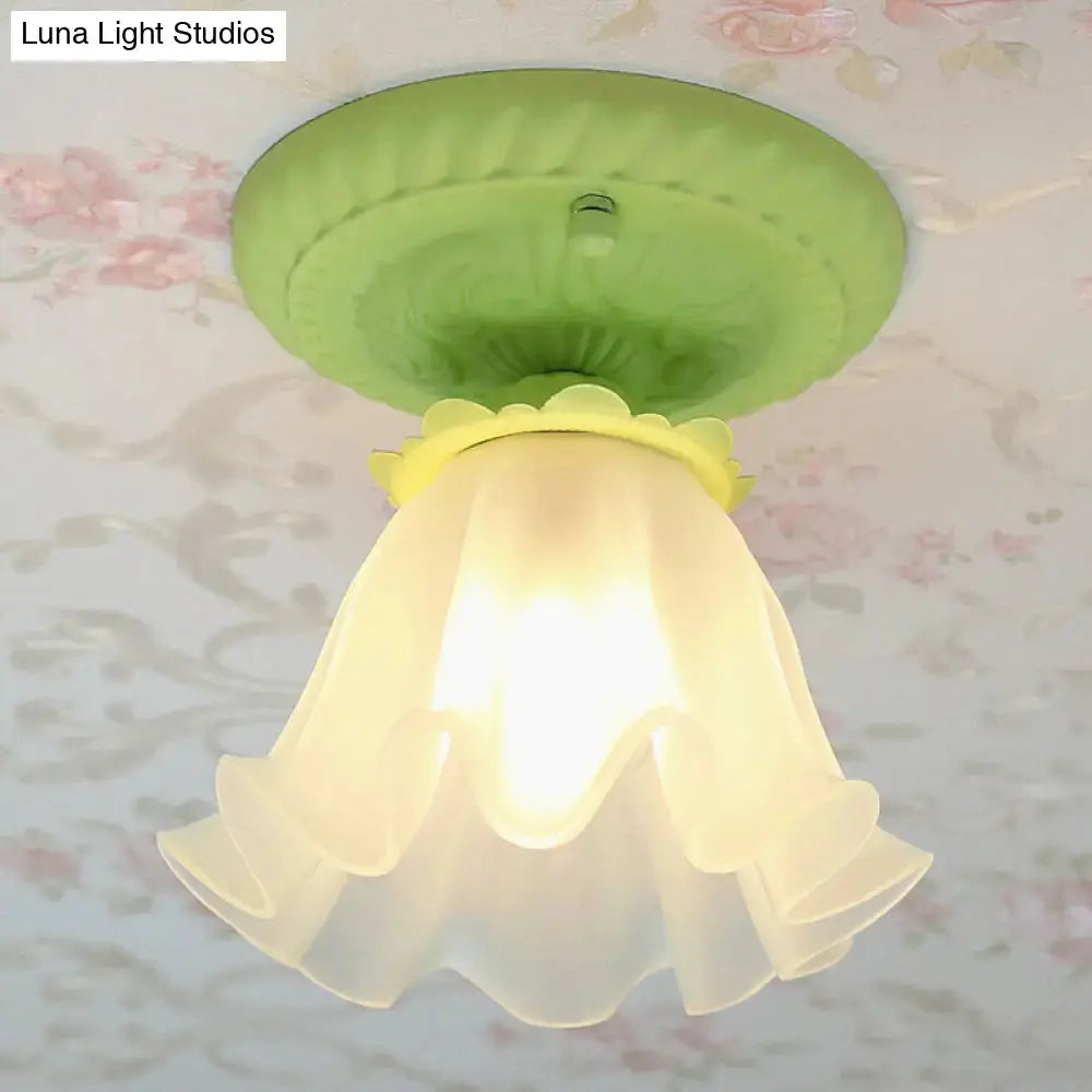 Pastoral Style Floral Flush Ceiling Light - White/Green/Pink Frosted Glass Single Bulb Mounted Lamp