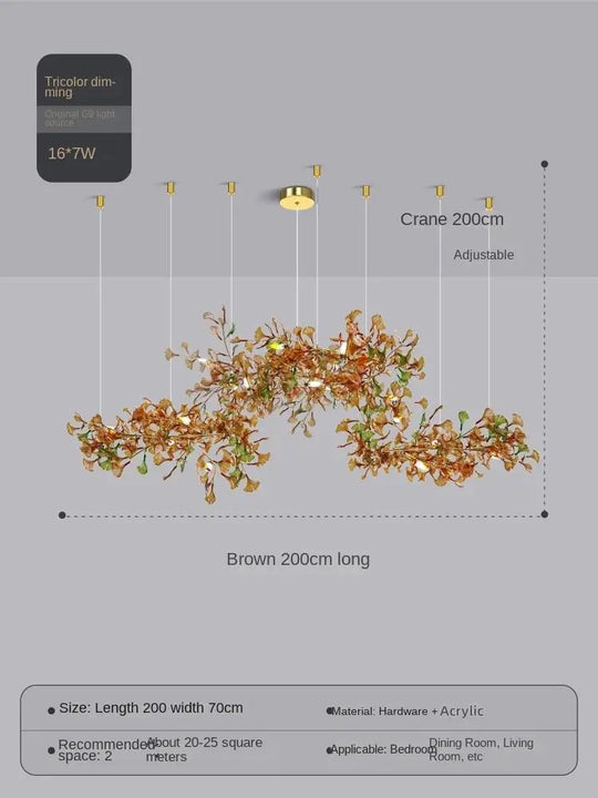 Elysian Ginkgo Glass Pendant Chandelier – Modern Luxury Lighting L200cm Brown Green / Natural light 4000K