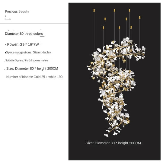 Solayne Ginkgo Leaf Chandelier – Luxury High Ceiling Statement Light D D80 H200cm / acrylic leaves / Warm White