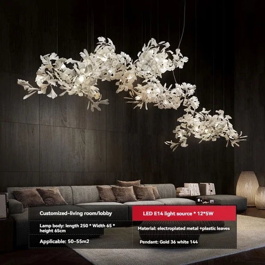 Solayne Ginkgo Leaf Chandelier – Luxury High Ceiling Statement Light F L300 W70 H70 / acrylic leaves / Warm White