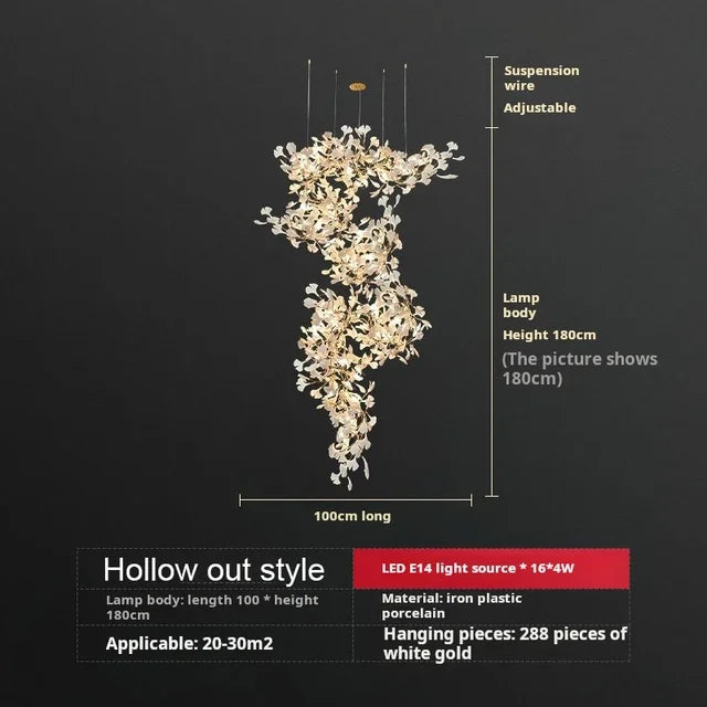 Solayne Ginkgo Leaf Chandelier – Luxury High Ceiling Statement Light E L100 W60 H180 / acrylic leaves / Warm White