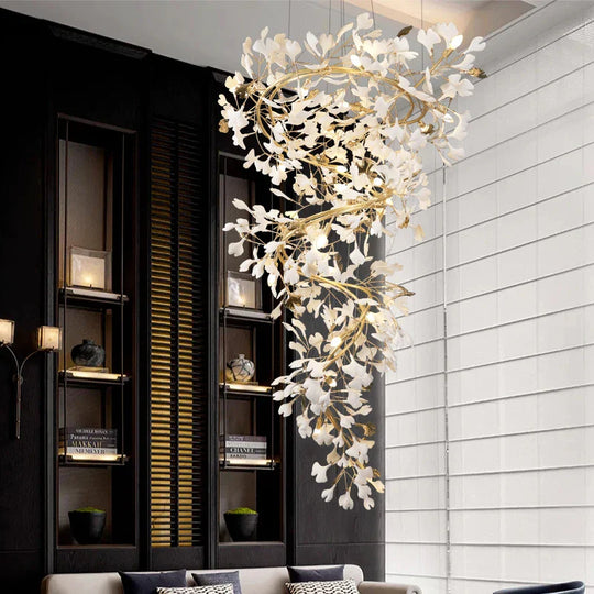 Solayne Ginkgo Leaf Chandelier – Luxury High Ceiling Statement Light