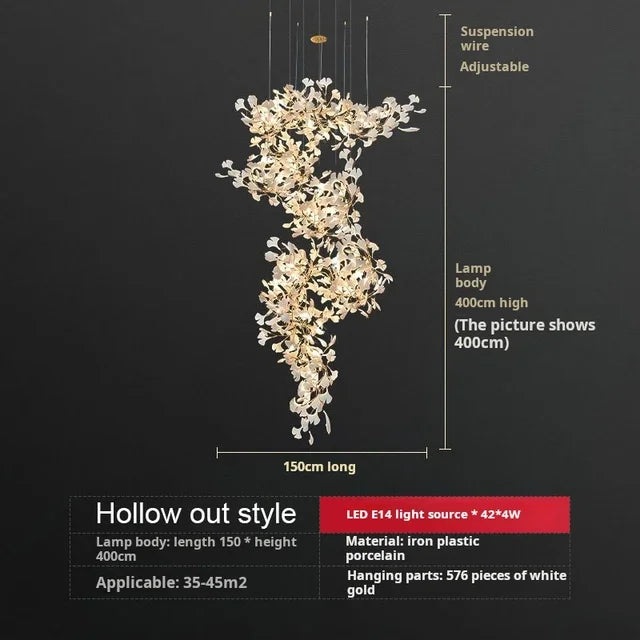 Solayne Ginkgo Leaf Chandelier – Luxury High Ceiling Statement Light E L150 W60 H400 / acrylic leaves / Warm White