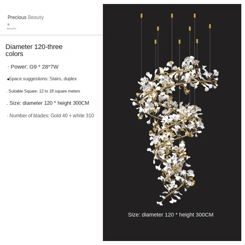 Solayne Ginkgo Leaf Chandelier – Luxury High Ceiling Statement Light D D120 H300cm / acrylic leaves / Warm White