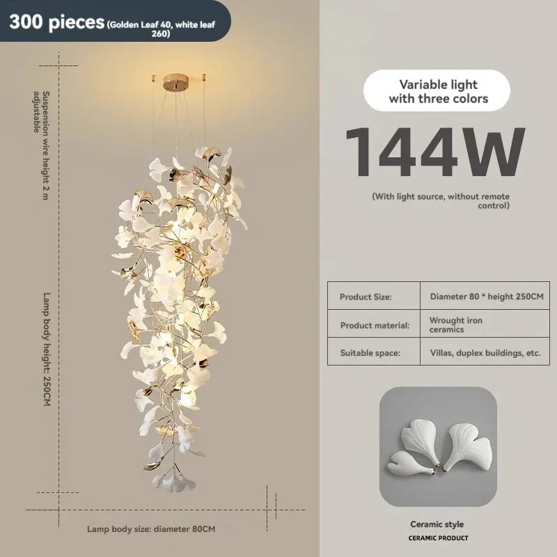 Solayne Ginkgo Leaf Chandelier – Luxury High Ceiling Statement Light B D80 H250cm / acrylic leaves / Warm White