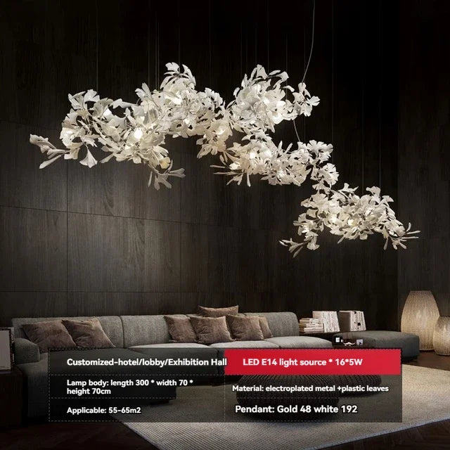 Solayne Ginkgo Leaf Chandelier – Luxury High Ceiling Statement Light F L250 W65 H65 / acrylic leaves / Warm White