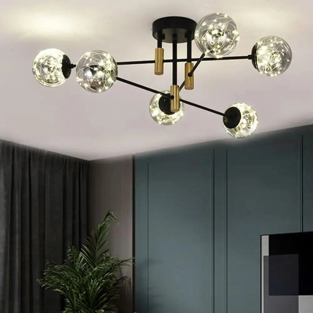 Starry Nordic Ball Semi Flush Light Fixture In Black Smoke Glass - Ideal For Living Room Ceiling