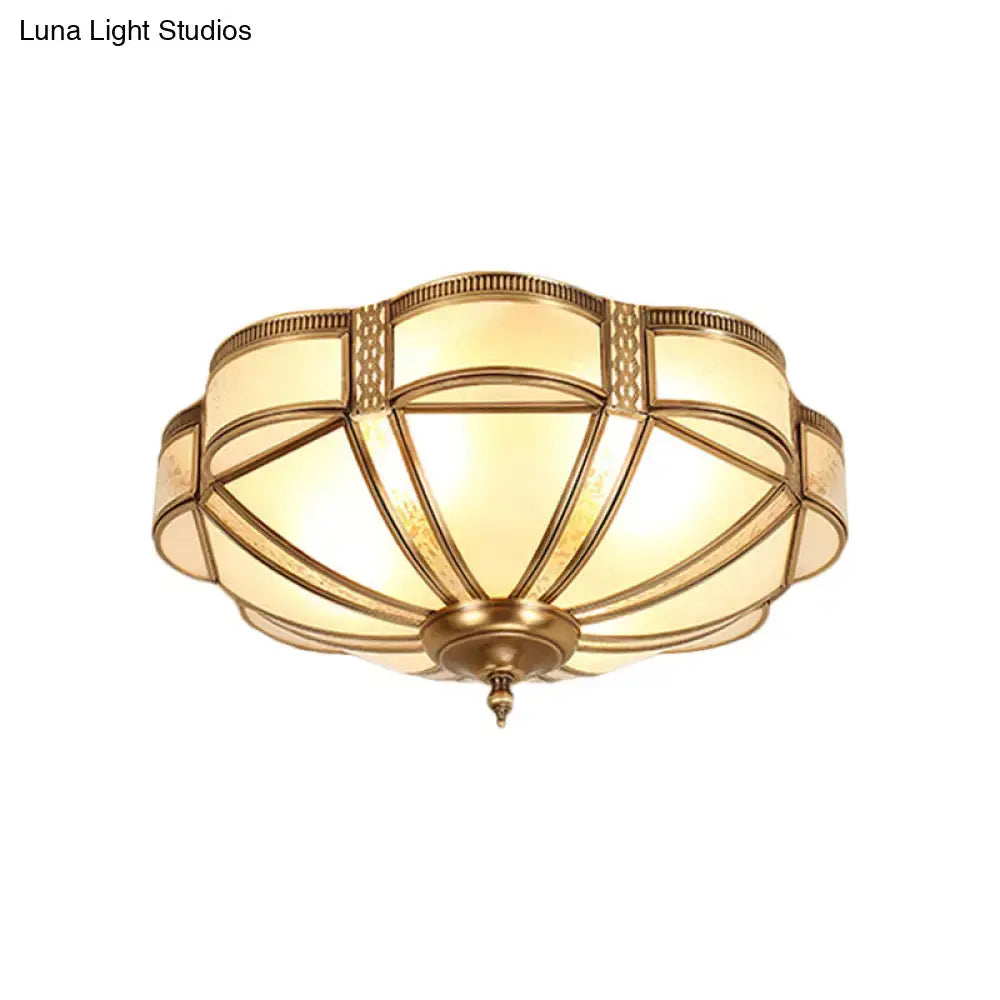 Vintage Scalloped Frosted Glass Flush Mount Light With Brass Finish - 3 Lights For Bedroom Ceiling