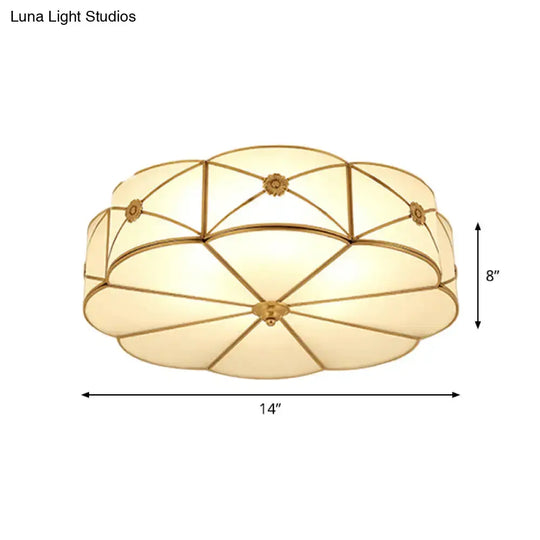 Vintage Scalloped Frosted Glass Flush Mount Light With Brass Finish - 3 Lights For Bedroom Ceiling