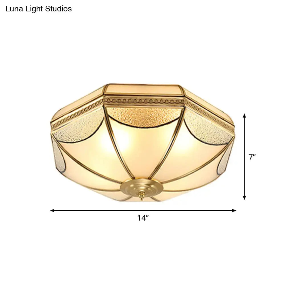 Vintage Scalloped Frosted Glass Flush Mount Light With Brass Finish - 3 Lights For Bedroom Ceiling