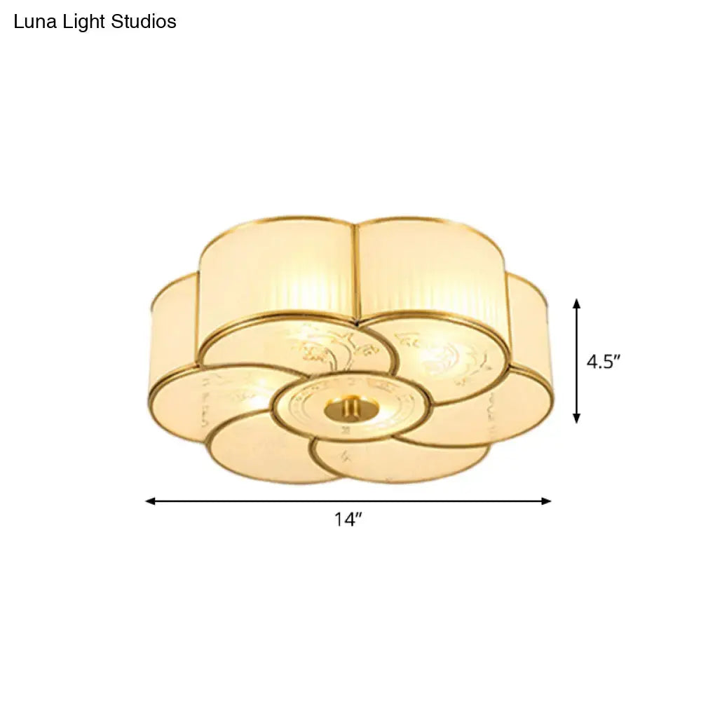 Vintage Scalloped Frosted Glass Flush Mount Light With Brass Finish - 3 Lights For Bedroom Ceiling