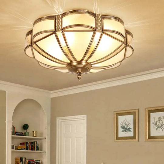 Vintage Scalloped Frosted Glass Flush Mount Light With Brass Finish - 3 Lights For Bedroom Ceiling
