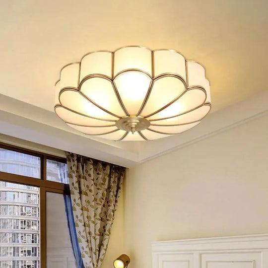 Vintage Scalloped Frosted Glass Flush Mount Light With Brass Finish - 3 Lights For Bedroom Ceiling