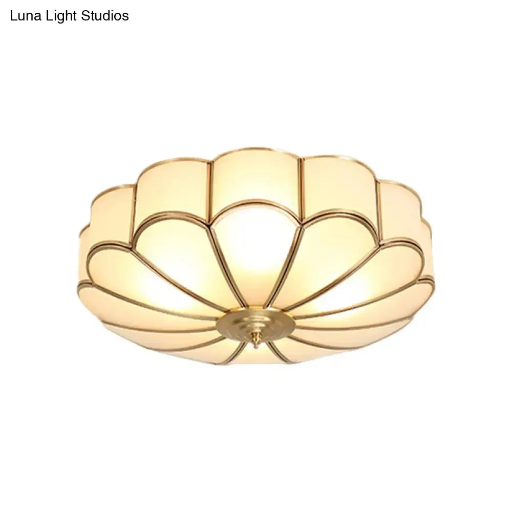 Vintage Scalloped Frosted Glass Flush Mount Light With Brass Finish - 3 Lights For Bedroom Ceiling